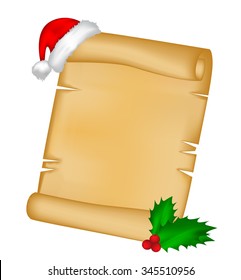 Christmas paper scroll card with santa cap,hat and holly berry. vector illustration isolated on white background.