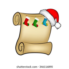 Christmas paper scroll card with santa cap,hat and christmas socks. vector illustration isolated on transparent background.