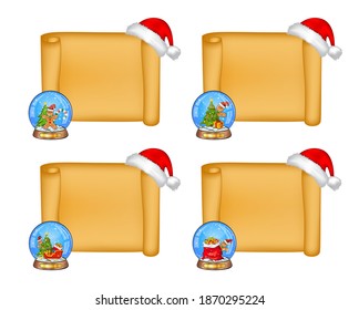 Colección de desplazamiento de papel de Navidad. Juego de pergaminos vacíos para tarjeta de Navidad. Plantilla de papiro en blanco con globo de nieve y sombrero santa. Página horizontal de vacaciones con espacio de copia aislado en fondo blanco.