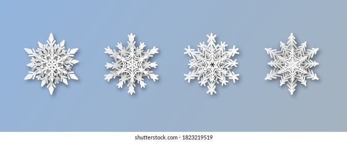 Christmas paper snowflakes. Realistic new year papercut snowflake decorations set, christmas origami shape, xmas symbol elements for winter holidays decor, 3d vector isolated silhouette collection