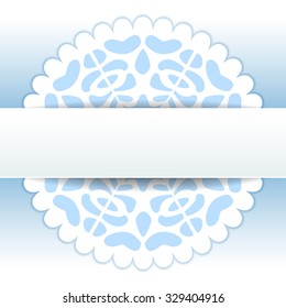 Christmas papercut doily snowflake greeting card template in blue and white, vector