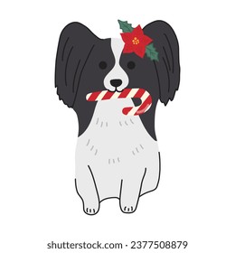 Christmas Papillon in hand drawn style. Merry Christmas illustration of cute pet with accessory.  Flat vector illustration isolated on white background