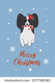 Christmas Papillon in hand drawn style. Greeting text Merry Christmas. Beautiful illustration for greeting cards, posters and seasonal design.