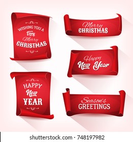 Christmas Parchment Scroll Set. Illustration of a set of christmas and happy new year banner on red parchment scroll, for winter holidays