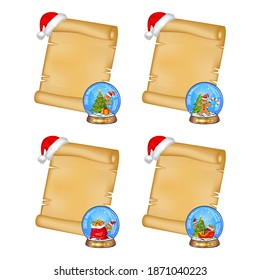Christmas parchment set. Collection of empty paper scrolls for xmas poster. Blank papyrus template with snow ball and santa hat. Decorated page for holiday. Vector isolated on white background.