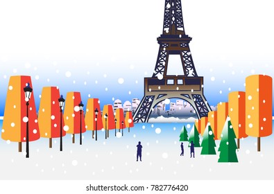 Christmas Paris with Eiffel tower and beautiful Christmas tree. Vector illustration.