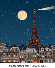 Christmas in Paris, Eiffel Tower at full moon. Vector.