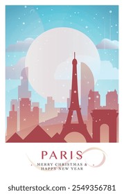 Christmas Paris retro poster for winter festives, New Year. Greetings, happy holidays and merry xmas from France city vector postcard layout with skyline shape