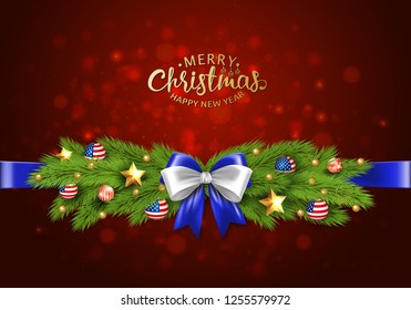 Christmas partiotic illustration. Vector border of Christmas tree branches with golden stars and balls with american flag. Merry christmas and happy new year