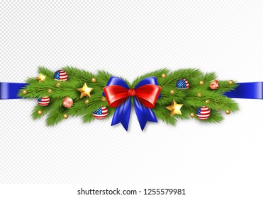 Christmas partiotic illustration. Vector border of Christmas tree branches with golden stars and balls with american flag. Merry christmas and happy new year