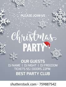 Christmas party 2021 poster invitation decoration design. Xmas holiday template background with snowflakes 