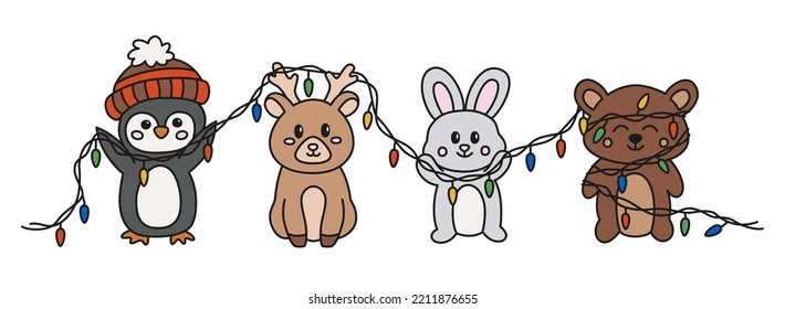 Christmas party animals glowing garland. Cartoon baby animals with Christmas lights. Penguin with Santa hat, reindeer, bunny and bear. Merry Christmas and happy new year