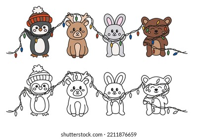 Christmas party animals glowing garland. Cartoon baby animals with Christmas lights. Penguin with Santa hat, reindeer, bunny and bear. Merry Christmas and happy new year