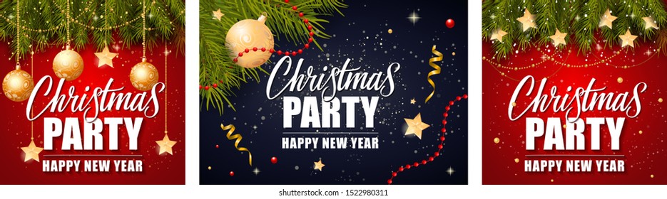 Christmas Party announcement poster set. Golden baubles, hanging stars, streamer, fir tree, sparkles on red and blue background. Vector illustration for festive leaflet, invitation cards, flyers