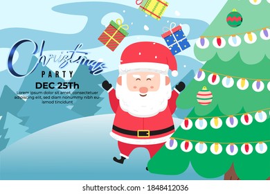 Christmas Party Background with cute santa get many gift. Christmas Tree. scene winter landscape