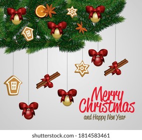 Christmas party background. Merry Christmas and Happy New Year lettering greeting card design with fir tree branches, baubles, cinnamon. Winter holiday party celebration banner vector illustration