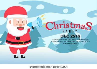Christmas Party Background with Santa claus hold megaphone on scene winter landscape