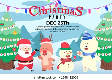 Christmas Party Background with santa and friends dancing on scene winter landscape