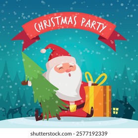 Christmas party. background with santa and present boxes. vector colored gifts for kids