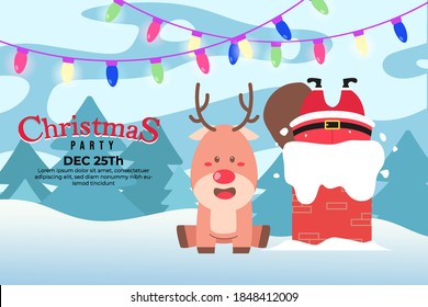 Christmas Party Background with sitting deer and Santa Claus Stuck in Chimney.scene winter landscape.christmas decorative lights