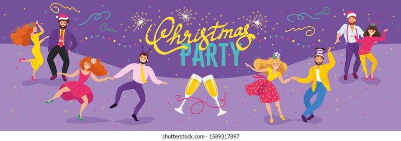 CHRISTMAS PARTY BANNER WITH DANCING PEOPLE WEARING HATS AND VARIOUS CHRISTMAS HEADGEAR