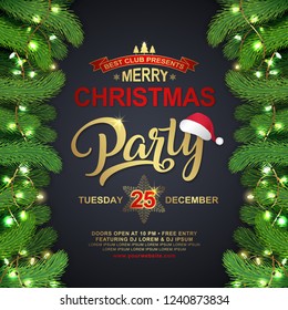 Christmas party banner design template typography, christmas tree, santa’s hat, frame, hanging stars, snow and ribbons decoration for flyers, poster, web and card vector illustration