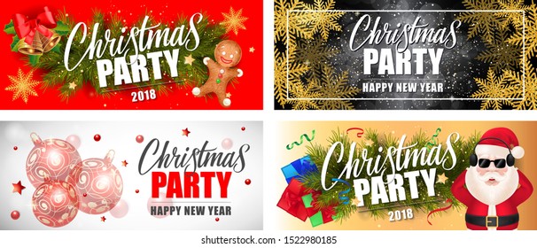 Christmas Party banner set with gingerbread man, frame, fir tree, baubles, gift, Santa Claus in DJ headphones. Vector illustration for flyer, invitation cards, poster