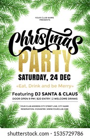 Christmas Party banner template with text and fir tree branches border. 24 December music party celebration