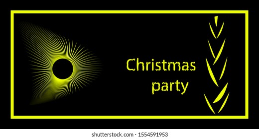 Christmas party banner.Festive Golden elements Christmas tree and sun on dark background.