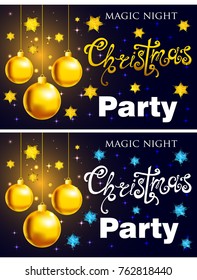 Christmas party banners set , vector, Golden Christmas balls and shining stars on dark background