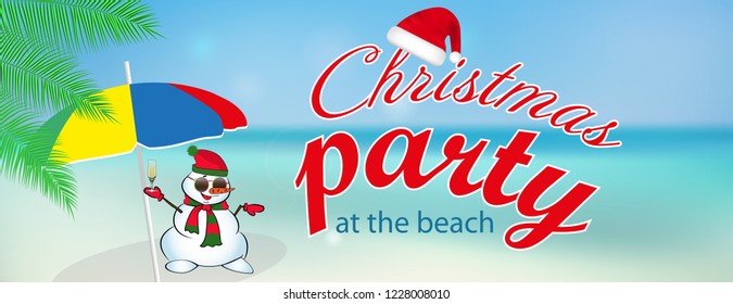 Christmas party at the beach banner or poster with snowman. Vector illustration.