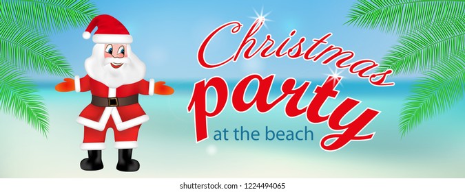 Christmas party at the beach banner with Santa claus. Vector illustration.