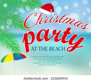Christmas party at the beach poster or banner seashore landscape with palm. Vector illustration.