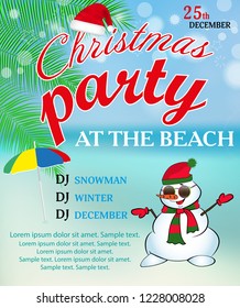 Christmas party at the beach poster or banner with snowman. Vector illustration.