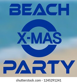 Christmas party at the beach typography x-mas icon banner with seashore background. Vector illustration.