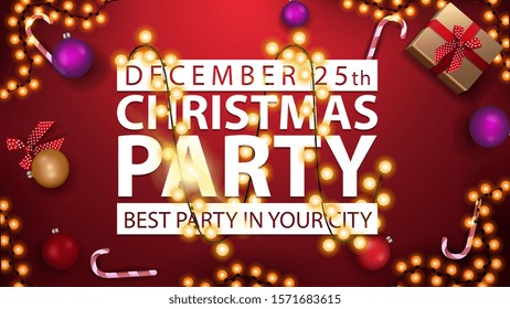 Christmas party, best party in your city, horizontal poster with red background, white title sign wrapped garland and presents, top view