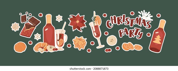Christmas party, Big set sticker. Celebration, party, New Year. Isolated vector colorful element. 
