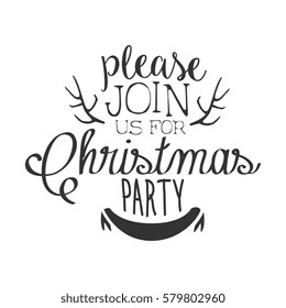 Christmas Party Black And White Invitation Card Design Template With Calligraphic Text And Deer Antlers