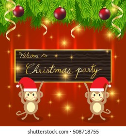 Christmas party board and two santa claus monkeys with fir twigs decorative with christmas balls and gold ribbons over golden star glitter on red background. Vector illustration design.