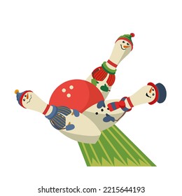 Christmas party bowling strike fancy vector icon. Bowling ball, pin in snowman costume cartoon design element. Bowl club x-mas holiday invitation template. Christmas party game background illustration