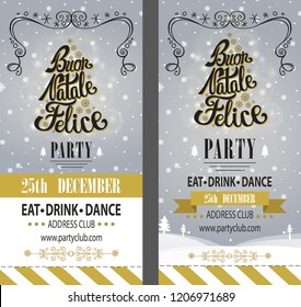 Christmas party. Buon Natale Felice invitation,design template,flyer,ticket set.Vector. Merry Christmas handwriting lettering. Vintage background,border decor,ribbon. Calligraphy design.Illustartion