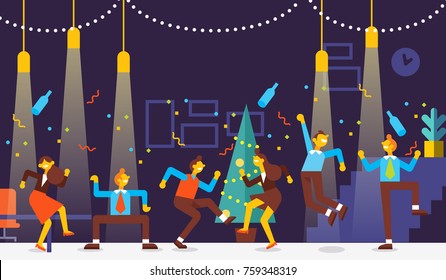 Christmas Party. Business People Celebrate Merry Christmas And Happy New Year In Office. They Dancing , Having Fun And Drinking Alcohol At A Party. Cartoon Style, Flat Vector Illustration.