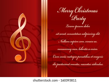 Christmas party card. Celebration background with treble clef and place for your text.