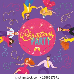 CHRISTMAS PARTY CARD WITH DANCING PEOPLE WEARING HATS AND VARIOUS CHRISTMAS HEADGEAR