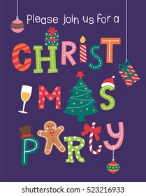 Christmas party card design with typography illustration and christmas icons.