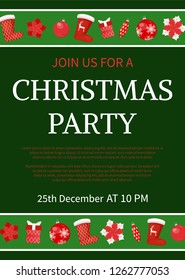 Christmas party celebration invitation with text sample vector. Bauble with snowflake print, present with bow decoration, socks and cone toy star shape