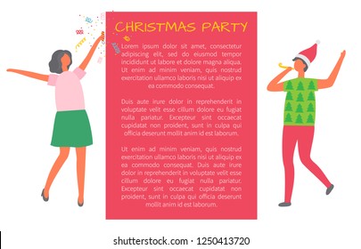 Christmas party celebration, man with glass of champagne, woman in Santa Claus hat dancing in cartoon style. Colleagues invitation leaflet, poster with text