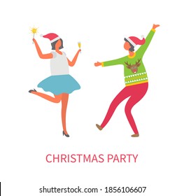 Christmas party celebration of people, friends having fun dancing vector. Woman wearing knitted warm sweater with polar reindeer, lady with drink