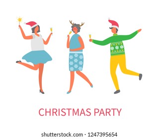 Christmas party celebration of people in good mood vector. Man and women with champagne glass in hands dancing together. Winter holiday fun event