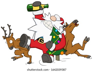 Christmas party celebration, reindeer pushing drunk Santa forward humorous cartoon illustration, horizontal, over white, isolated
